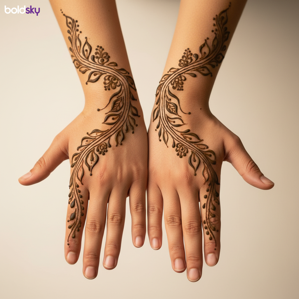 Elegant vine mehndi on back of hands.