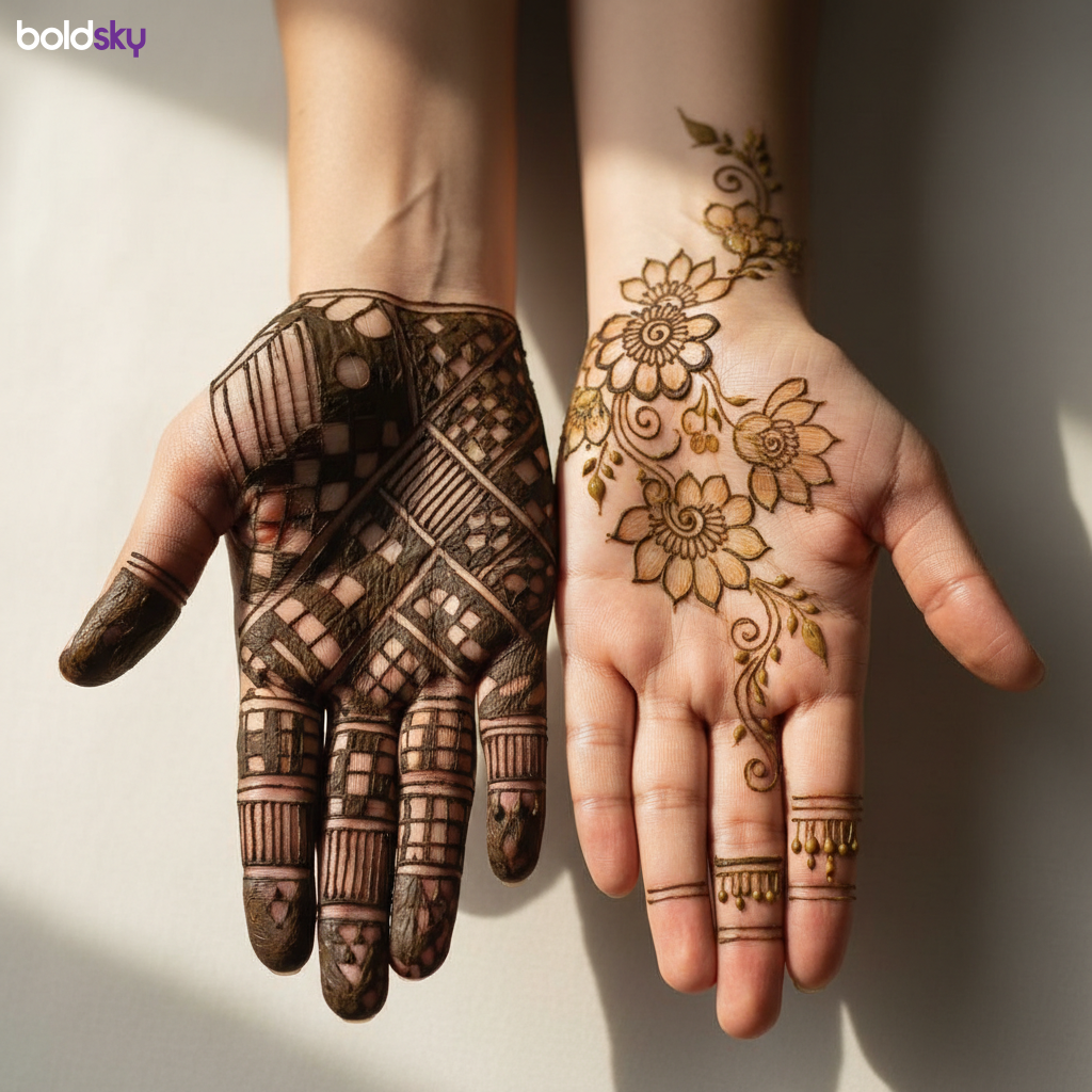Contrasting mehndi on palm of both hand.