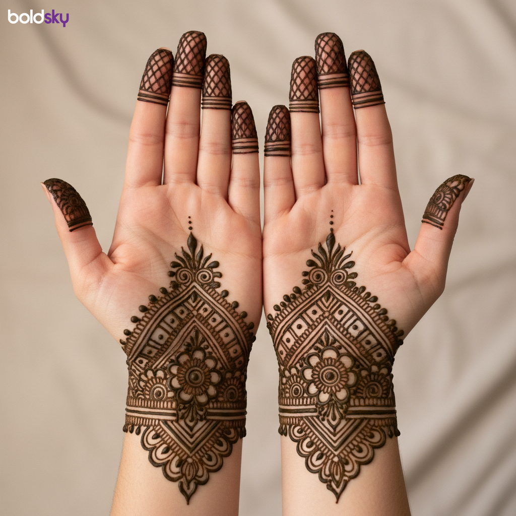 Mehndi focused on fingertips and wrists.
