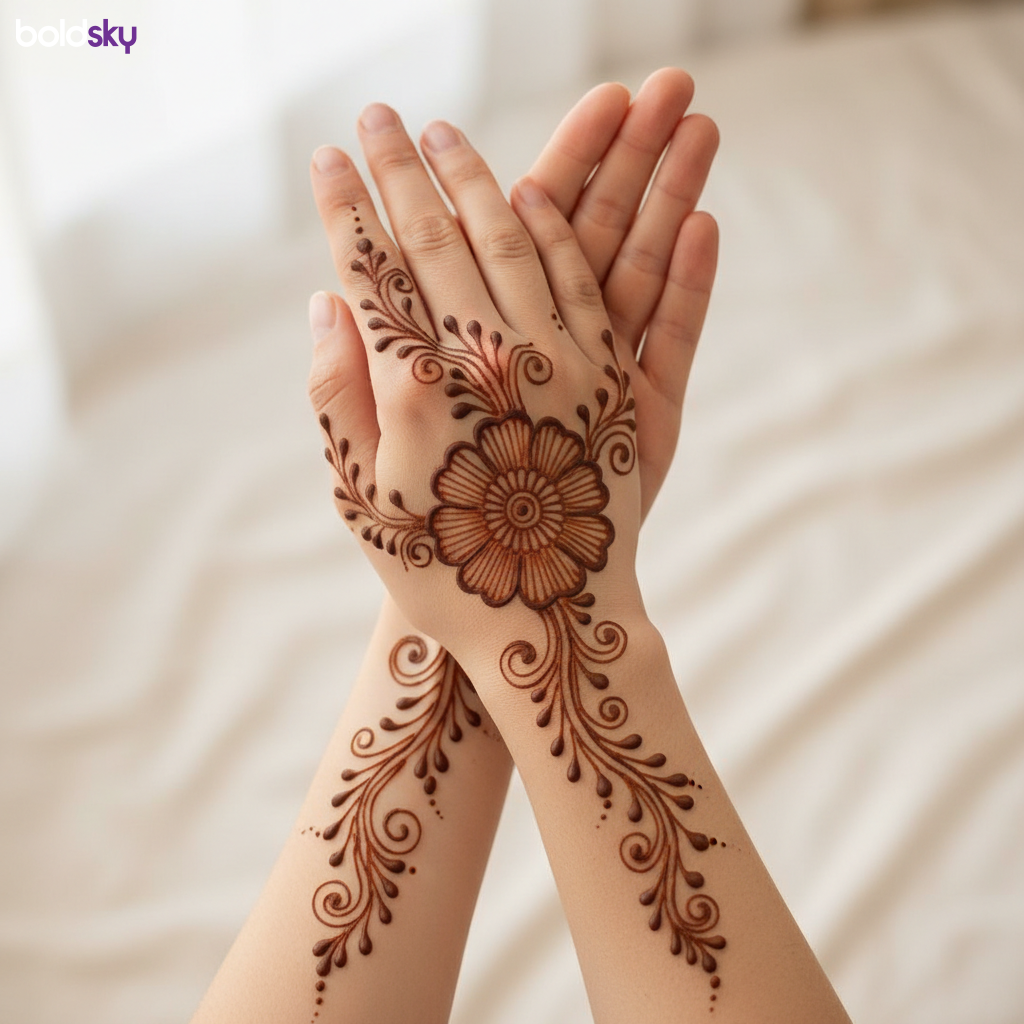 Symmetrical floral mehndi on back hands.