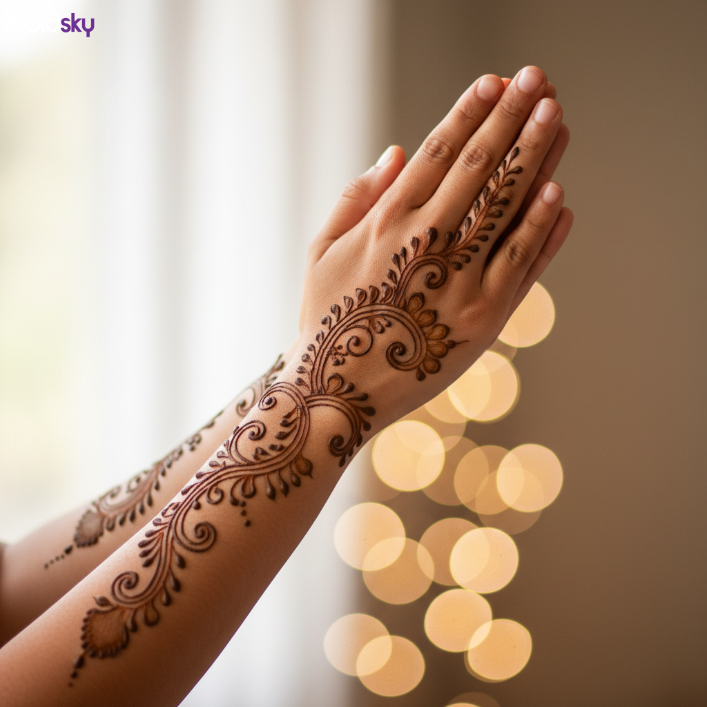 Connecting vine mehndi on both hands.