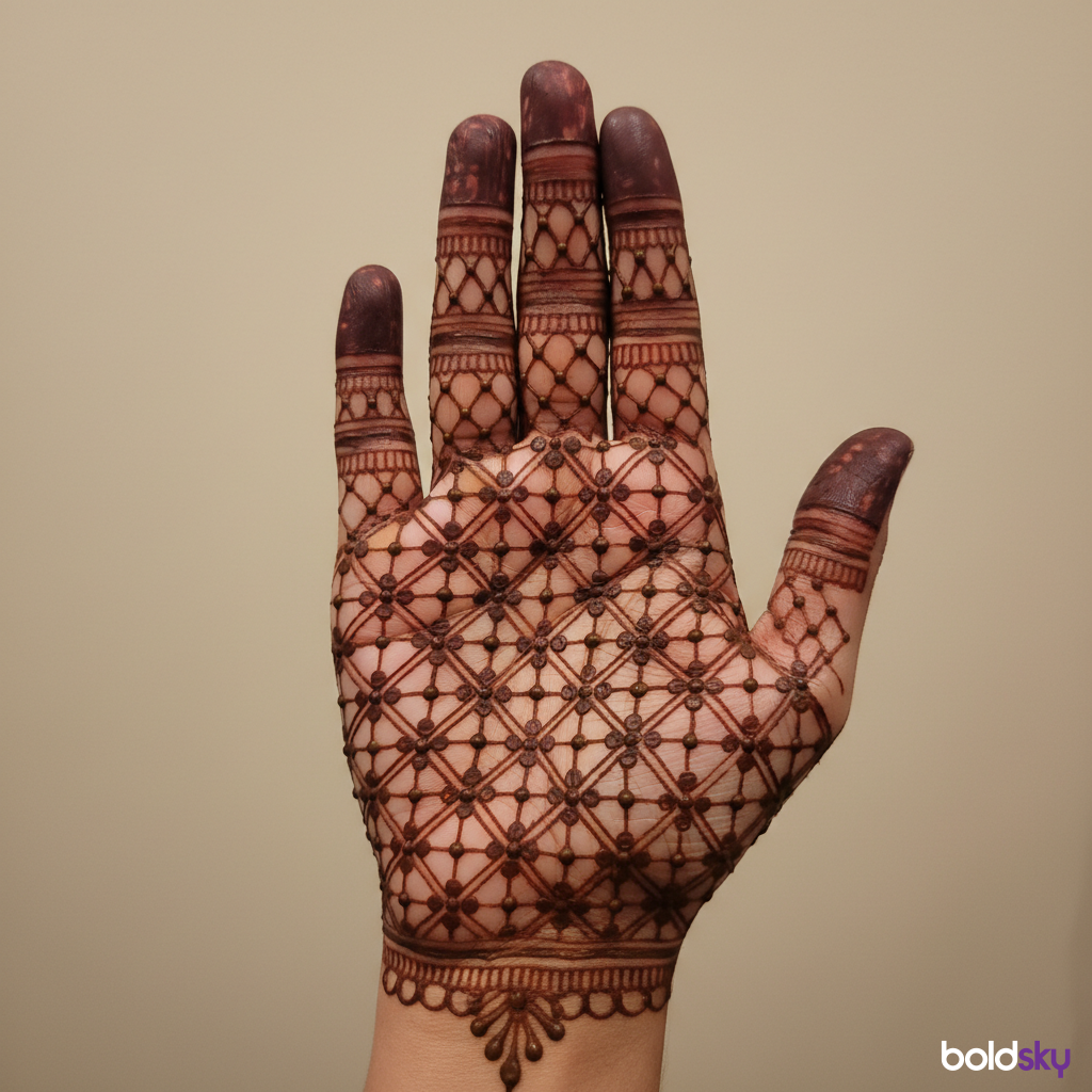 Palm of right hand intricate jaali mehndi.