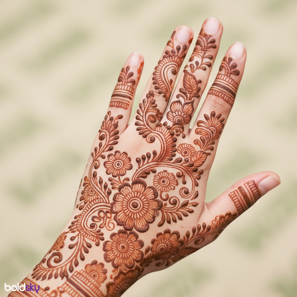 Back of left hand floral vine mehndi.