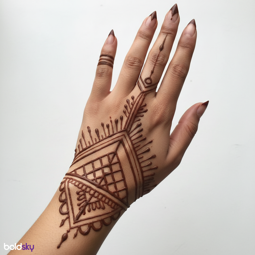 Left hand back geometric modern mehndi.