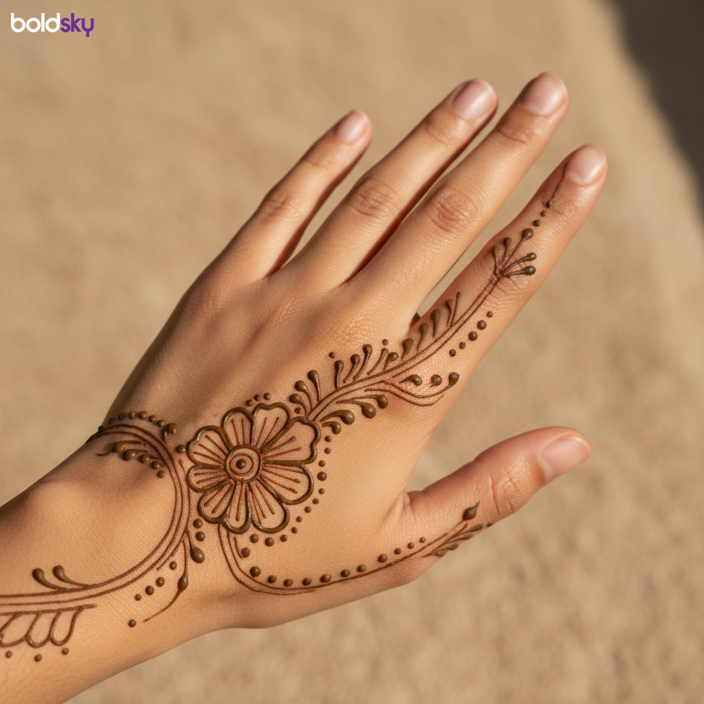 Left back hand edge and finger mehndi.