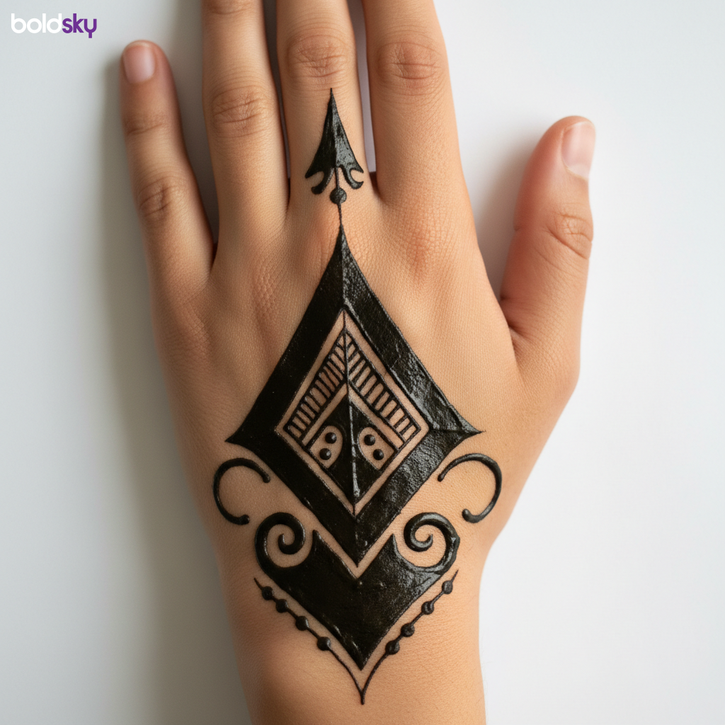 Left hand stylized arrow mehndi motif.