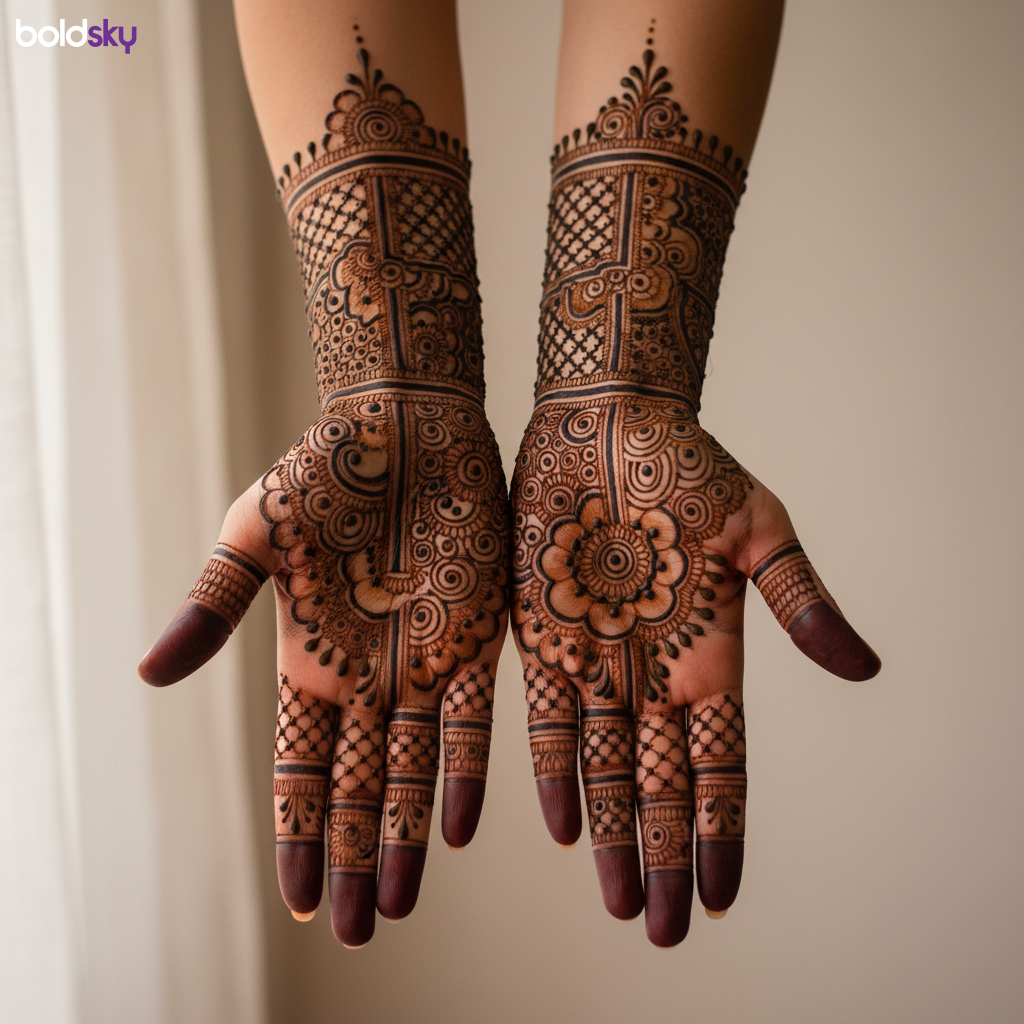 Palm of both hands with intricate bridal mehndi.