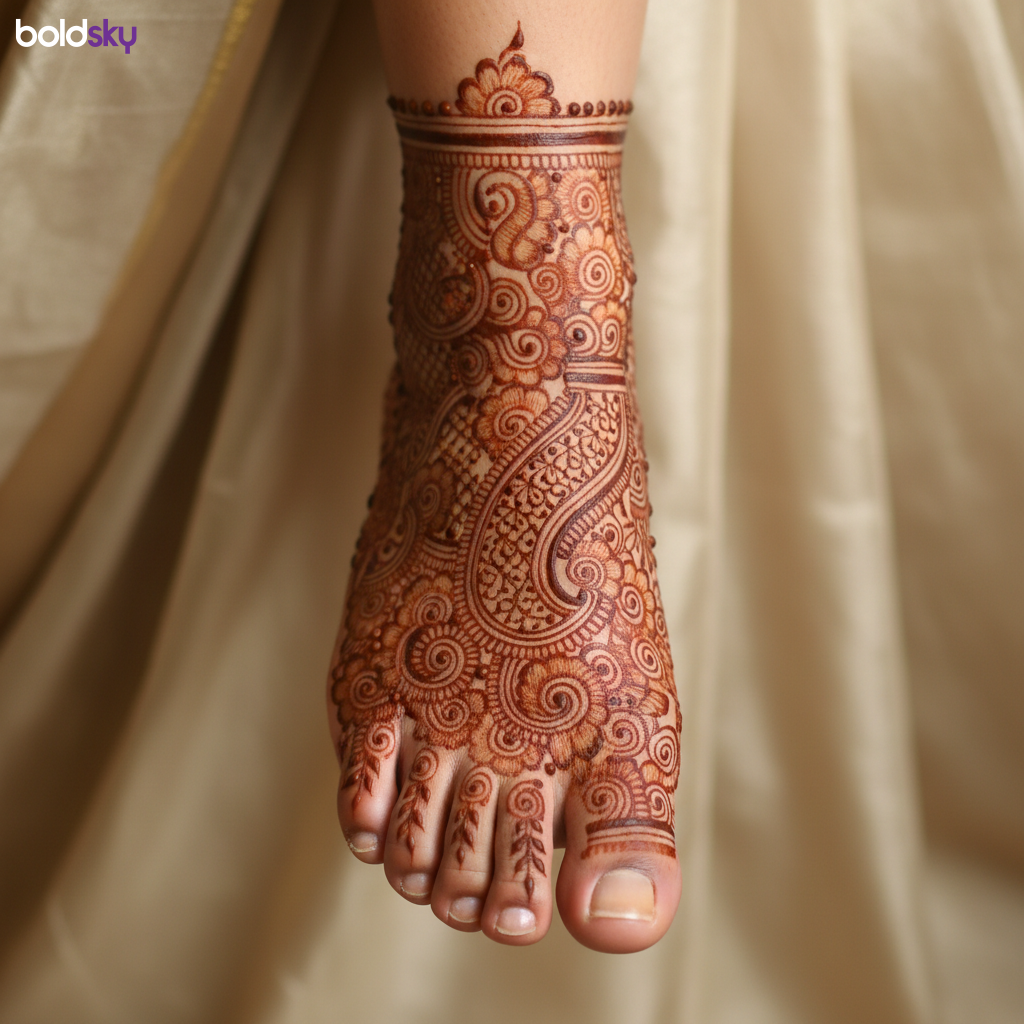 Right foot and ankle with elaborate bridal mehndi.