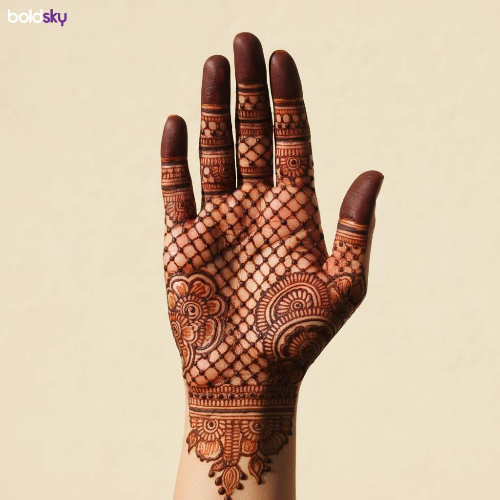 Front of right hand with delicate bridal mehndi.