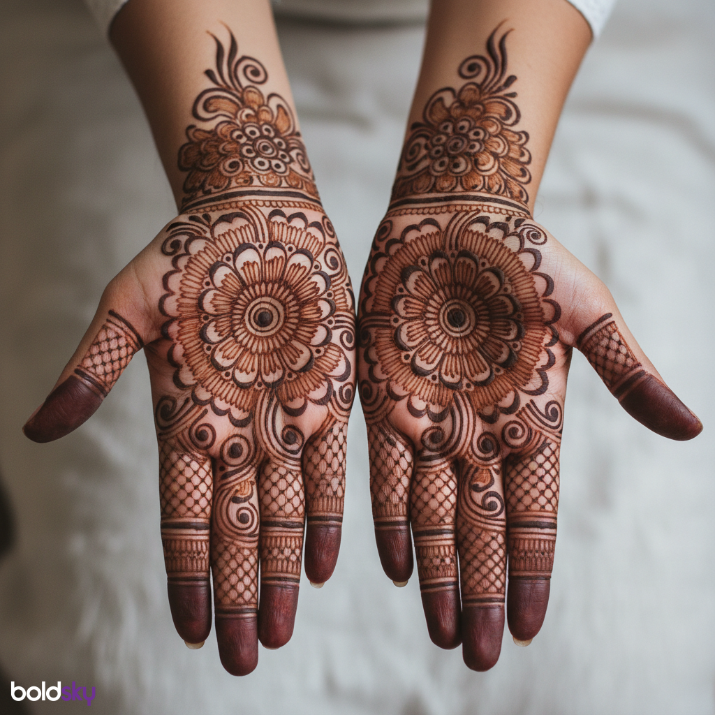 Both palms with intricate bridal mehndi design.