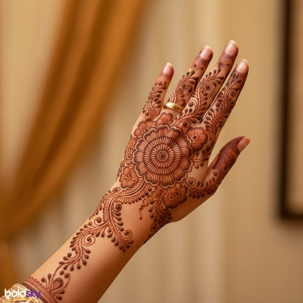 Back of left hand bridal floral mehndi.