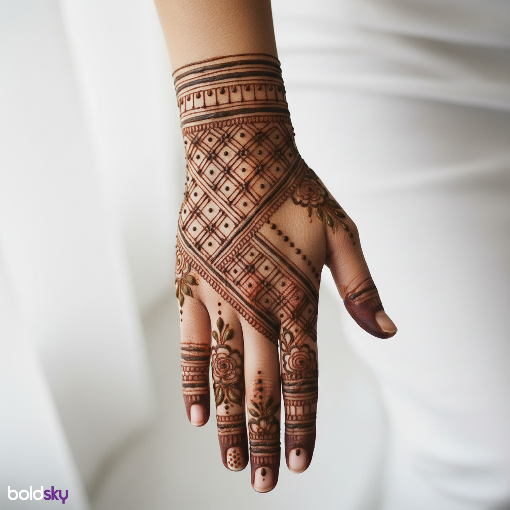 Back of right hand geometric bridal mehndi.