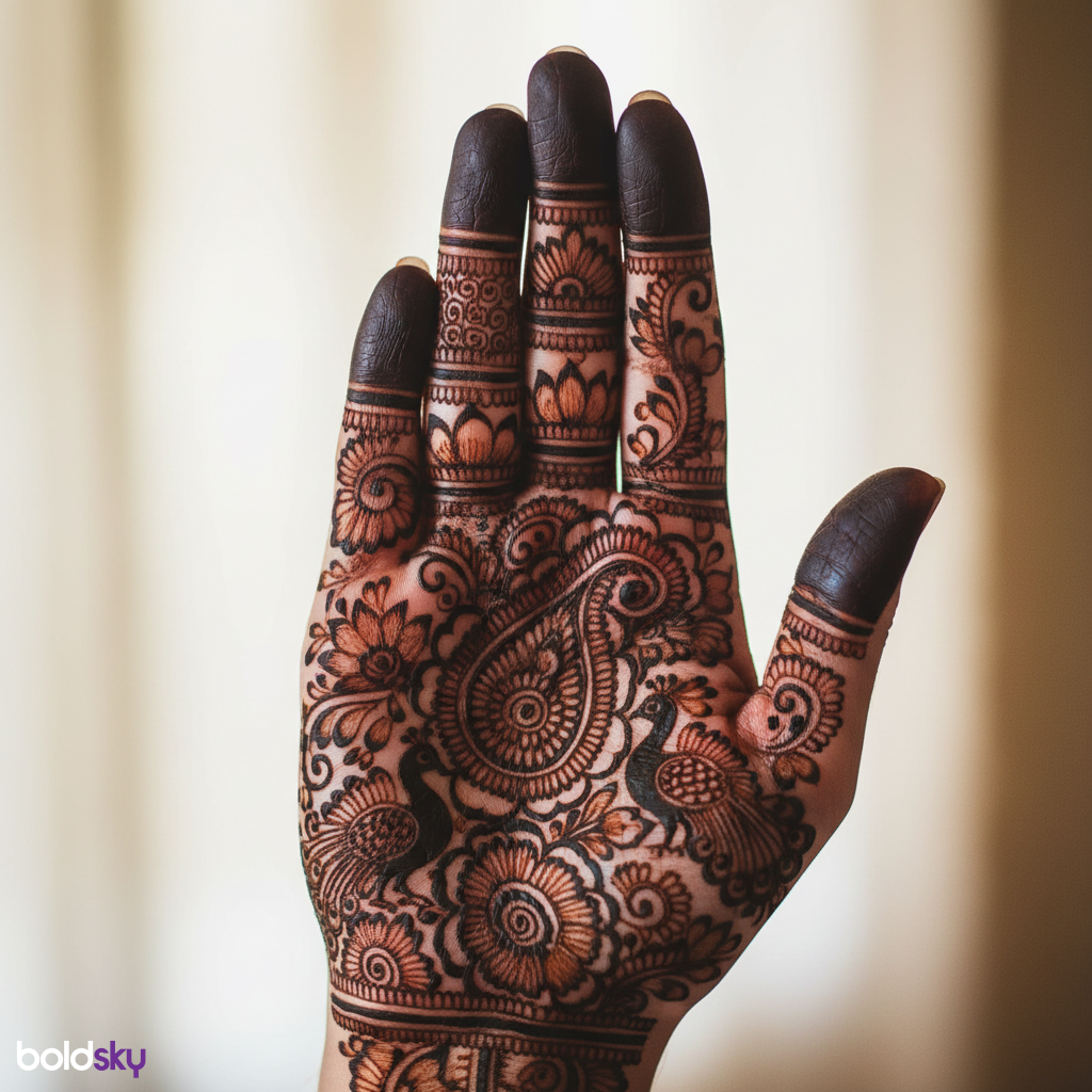 Right palm dense traditional bridal mehndi.