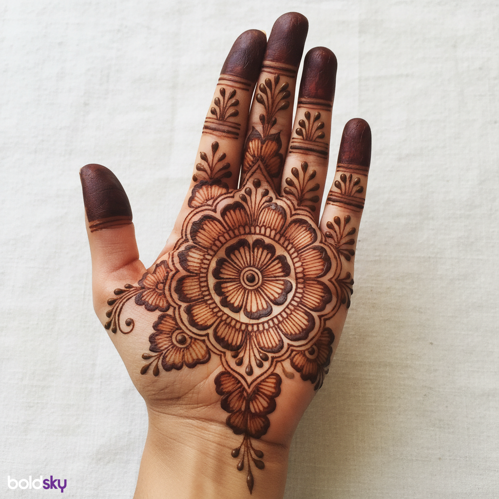 Left palm elegant bridal mehndi design.