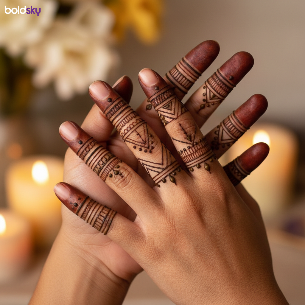 Geometric band mehndi design on fingers.
