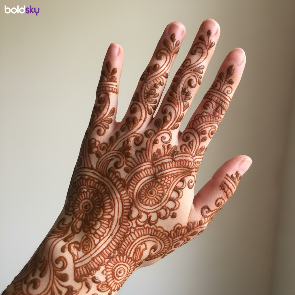 Left hand paisley vine finger mehndi.