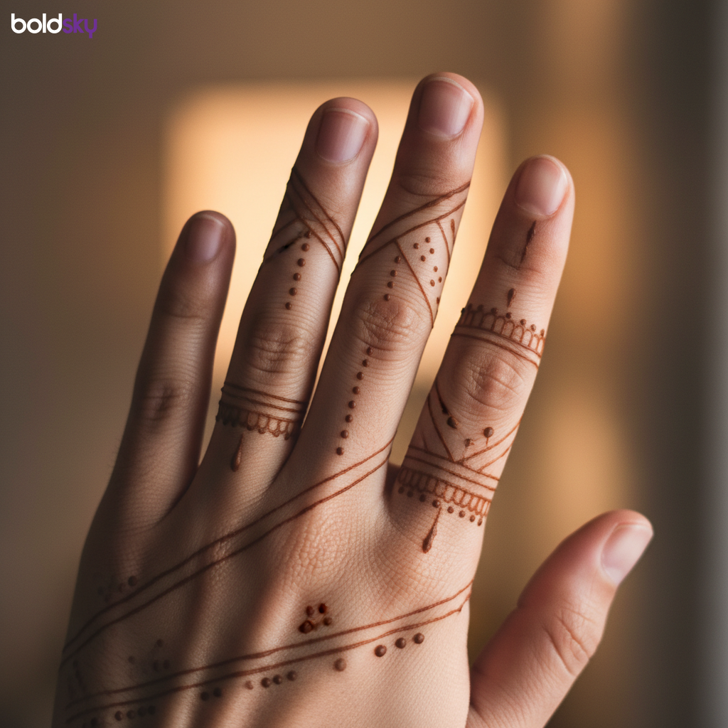 Minimalist dot line mehndi on right hand fingers.