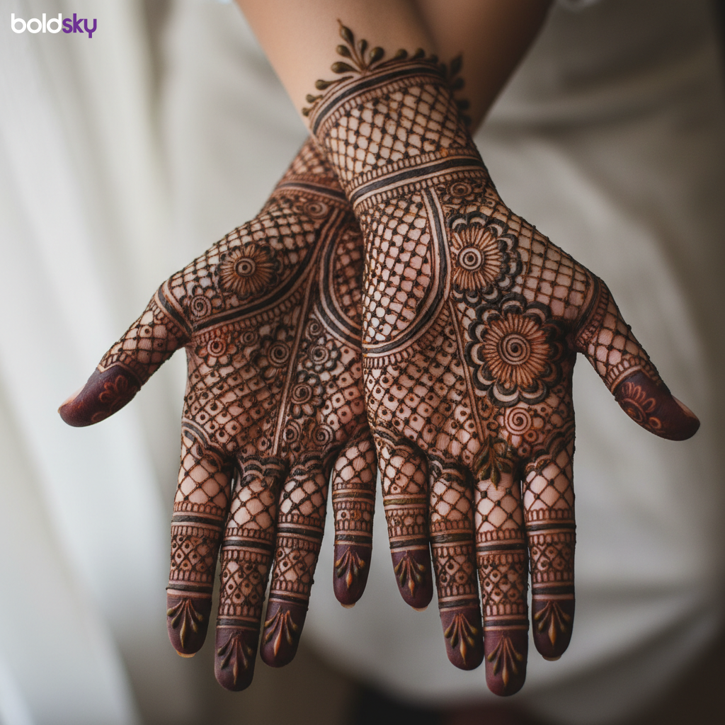 Full finger jaali mehndi design close-up.