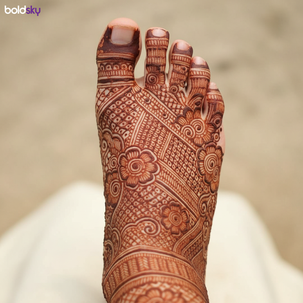 Intricate traditional bridal foot mehndi design.