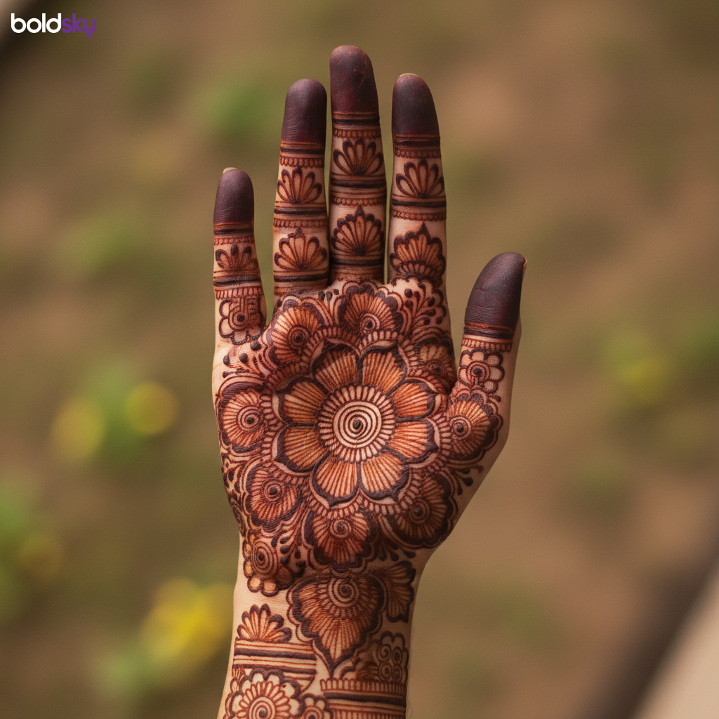 Front full hand traditional floral mandala mehndi