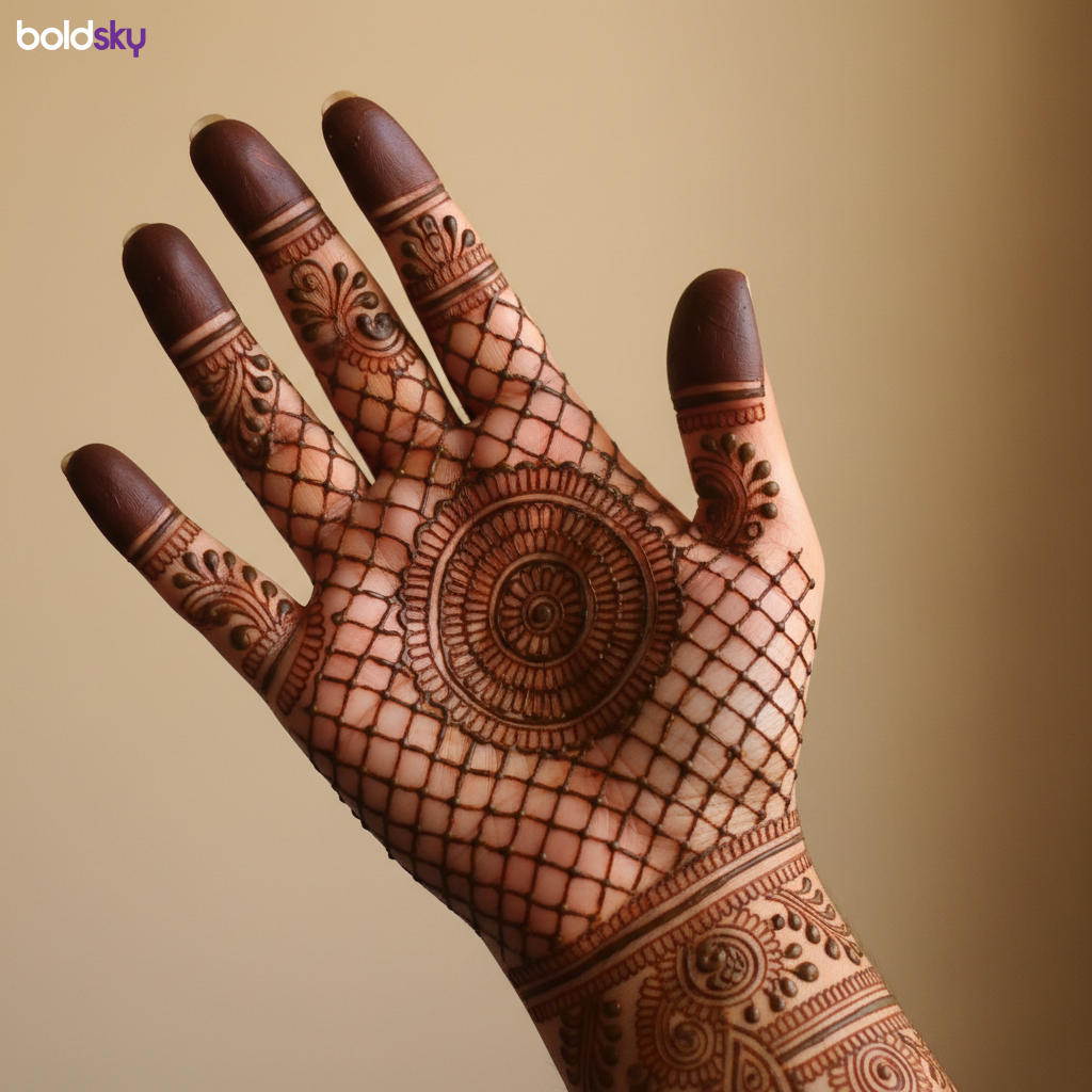 Front full hand jaali paisley mehndi design