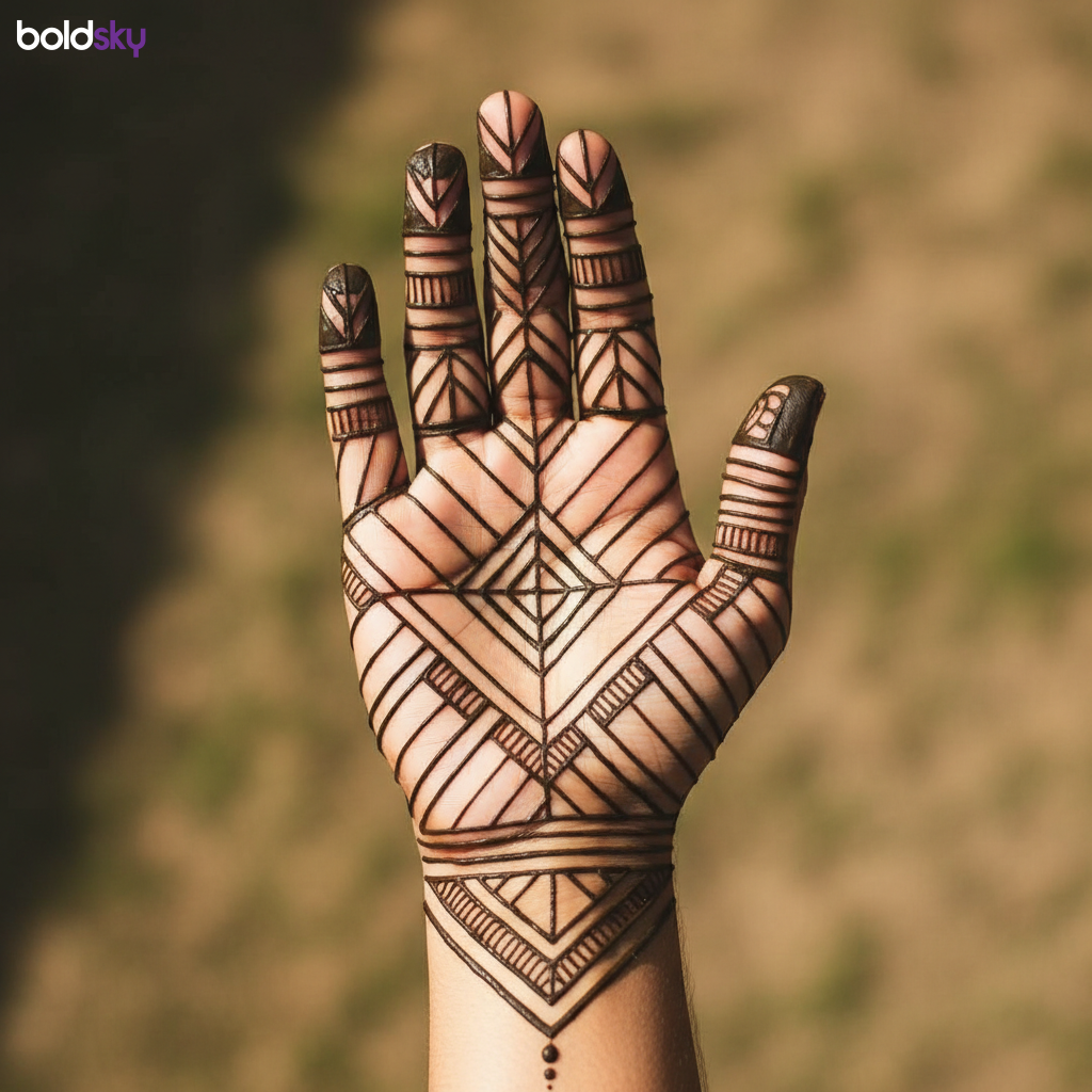 Front full hand modern geometric mehndi