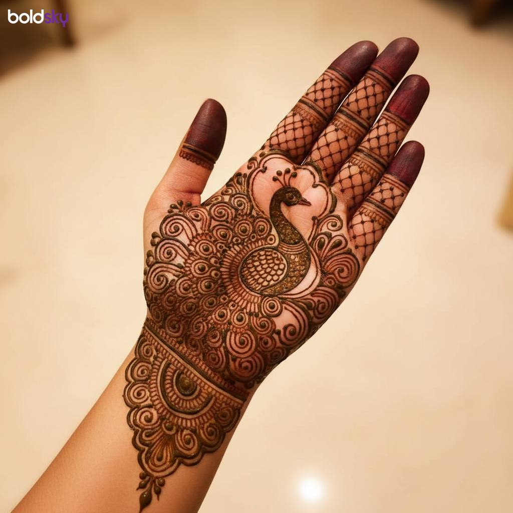 Front full hand peacock swirl mehndi