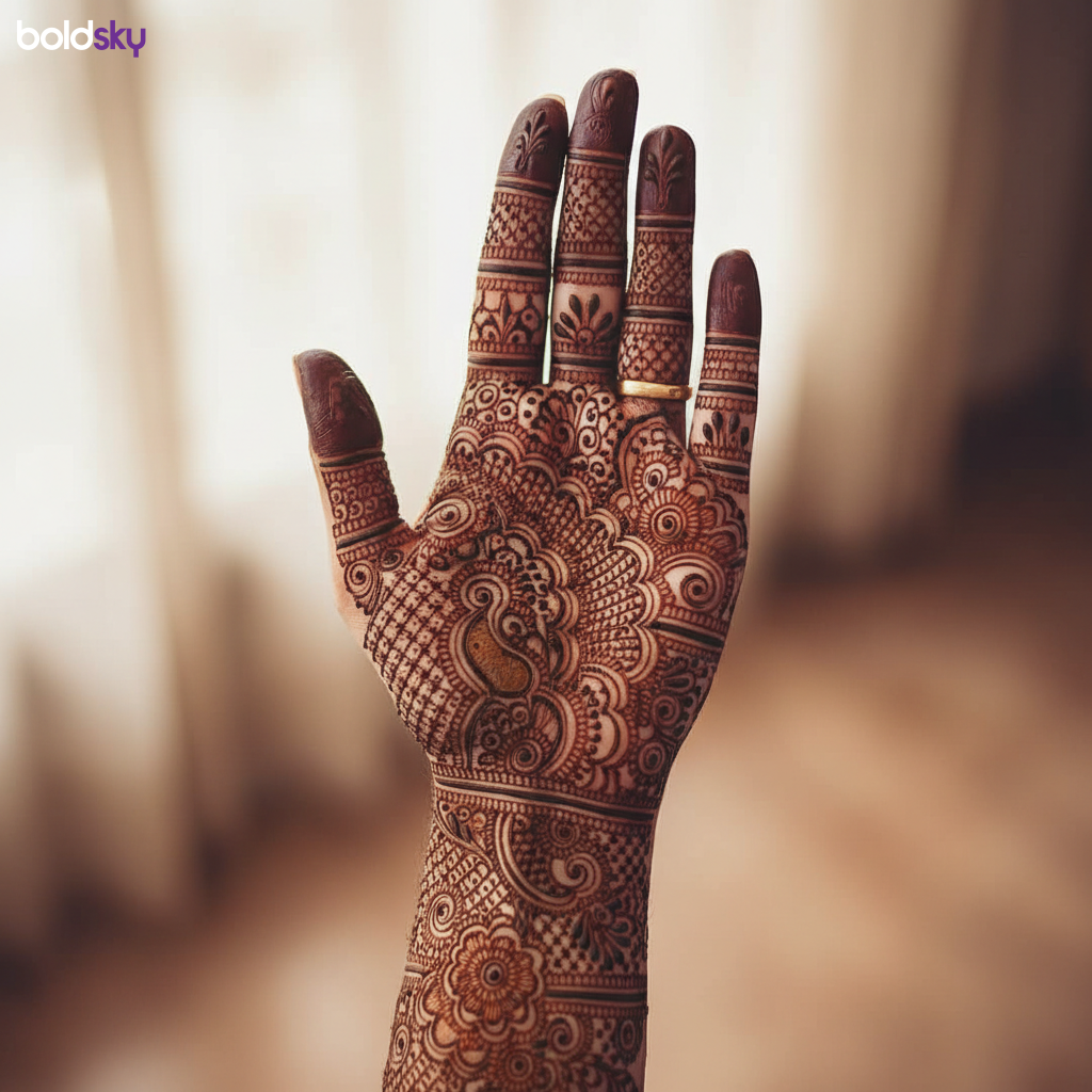 Front full hand dense bridal mehndi design