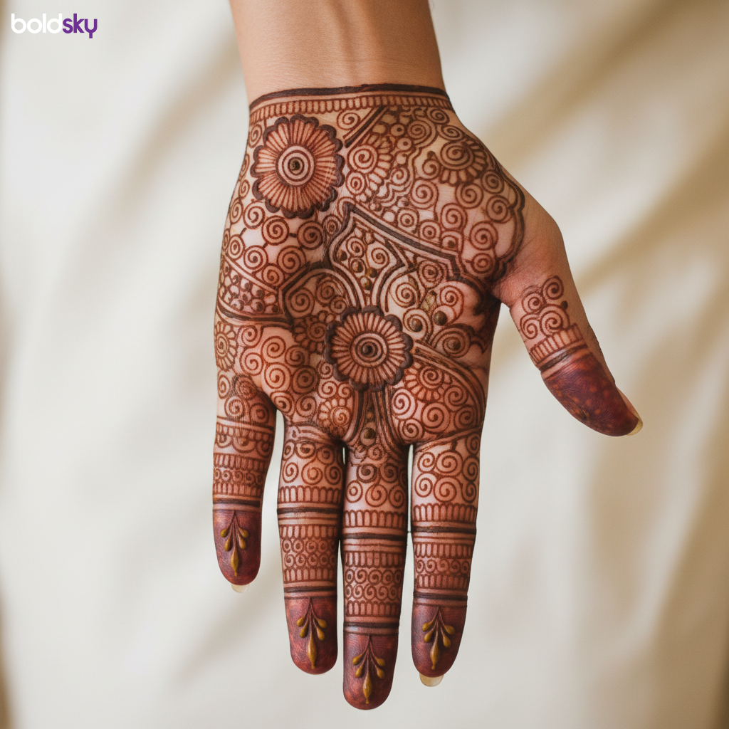 Left hand intricate bridal mehndi web pattern