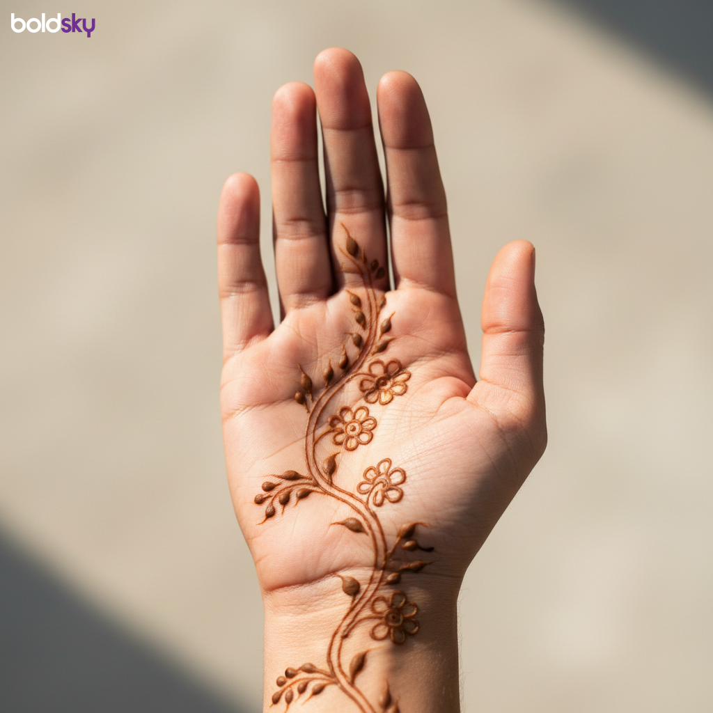 Front hand simple floral vine mehndi.