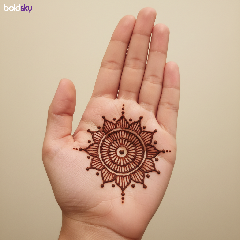 Minimalist palm mandala mehndi design.