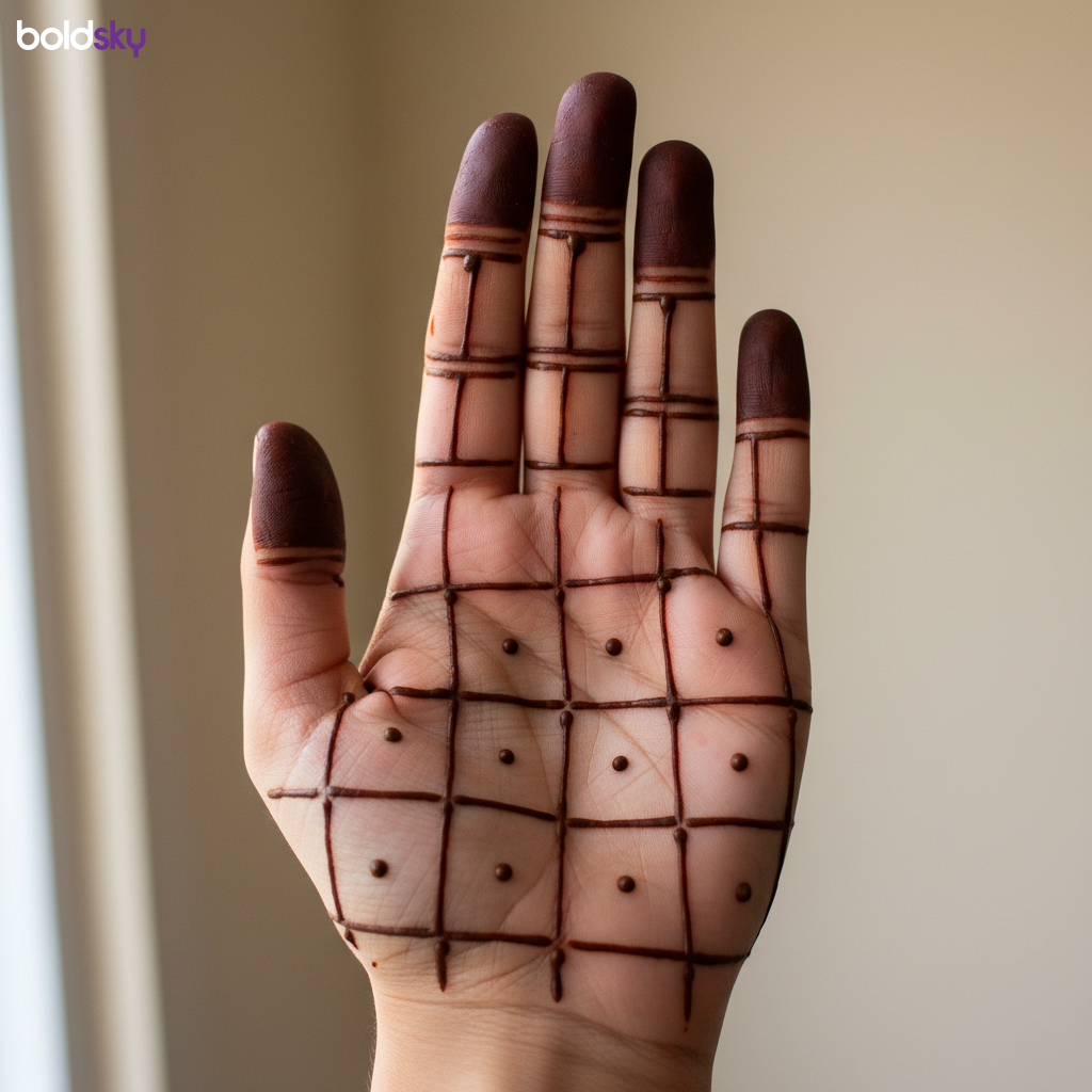 Geometric grid dot front hand mehndi.