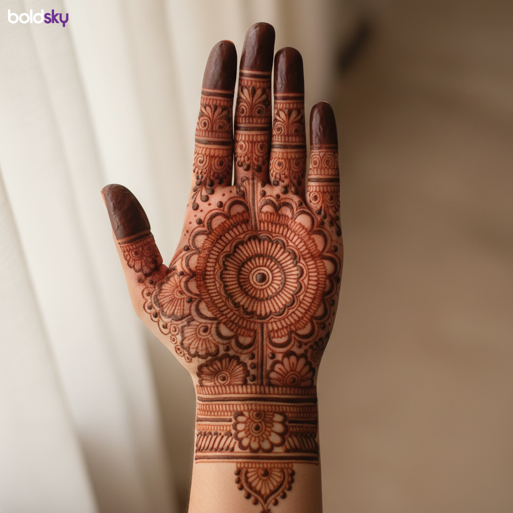 Left hand palm traditional mandala mehndi.