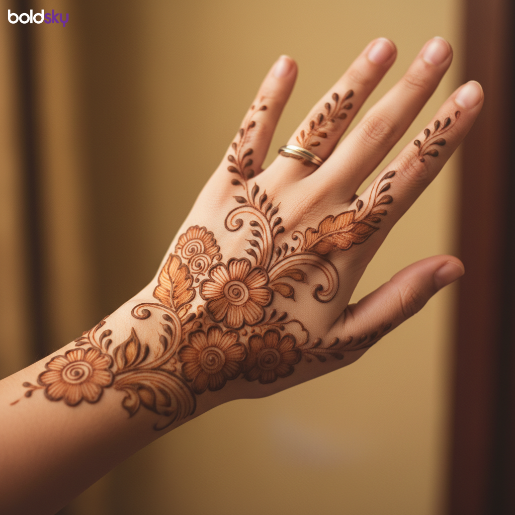 Left hand back floral vine mehndi.