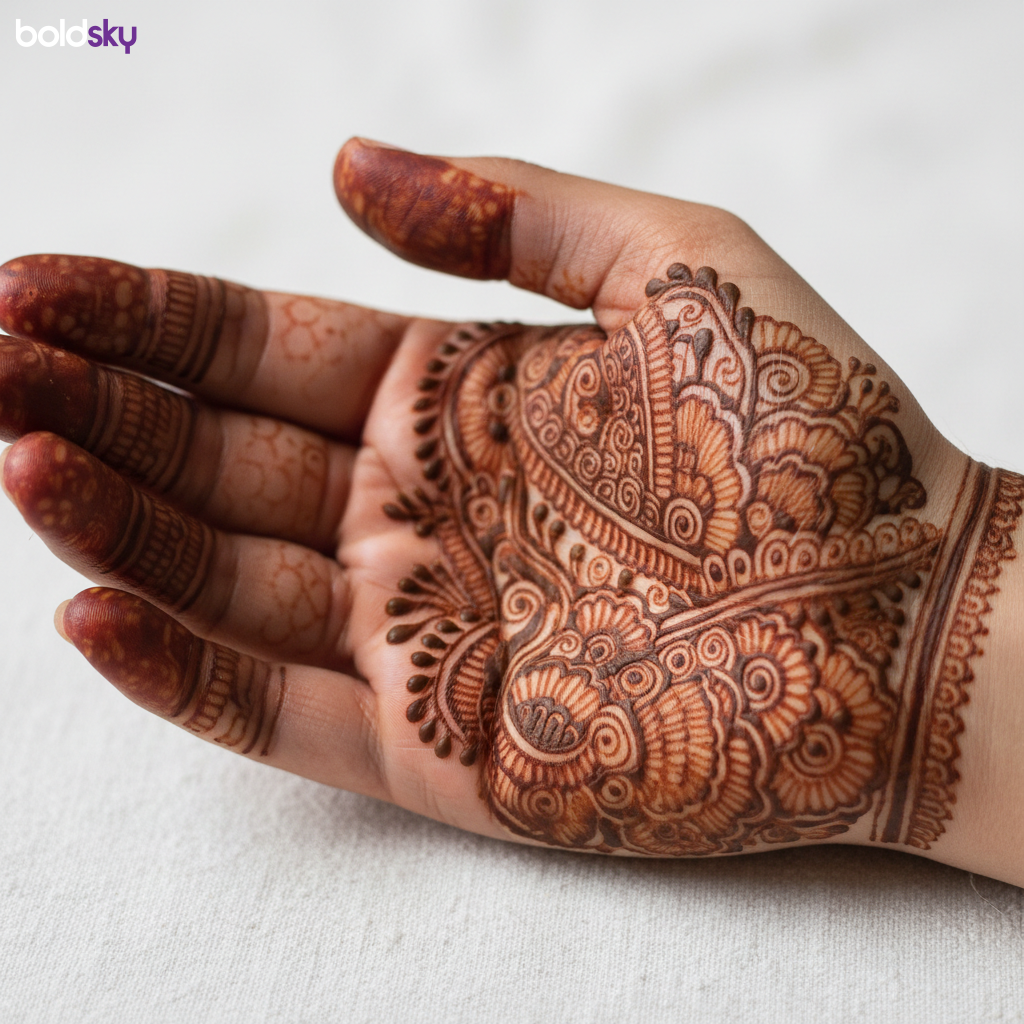 Right hand fingers wrist jaali mehndi.