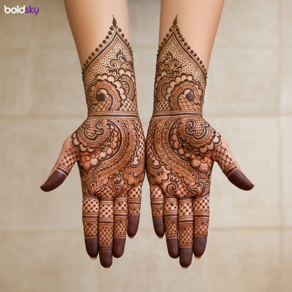 Both palms symmetrical bridal mehndi.