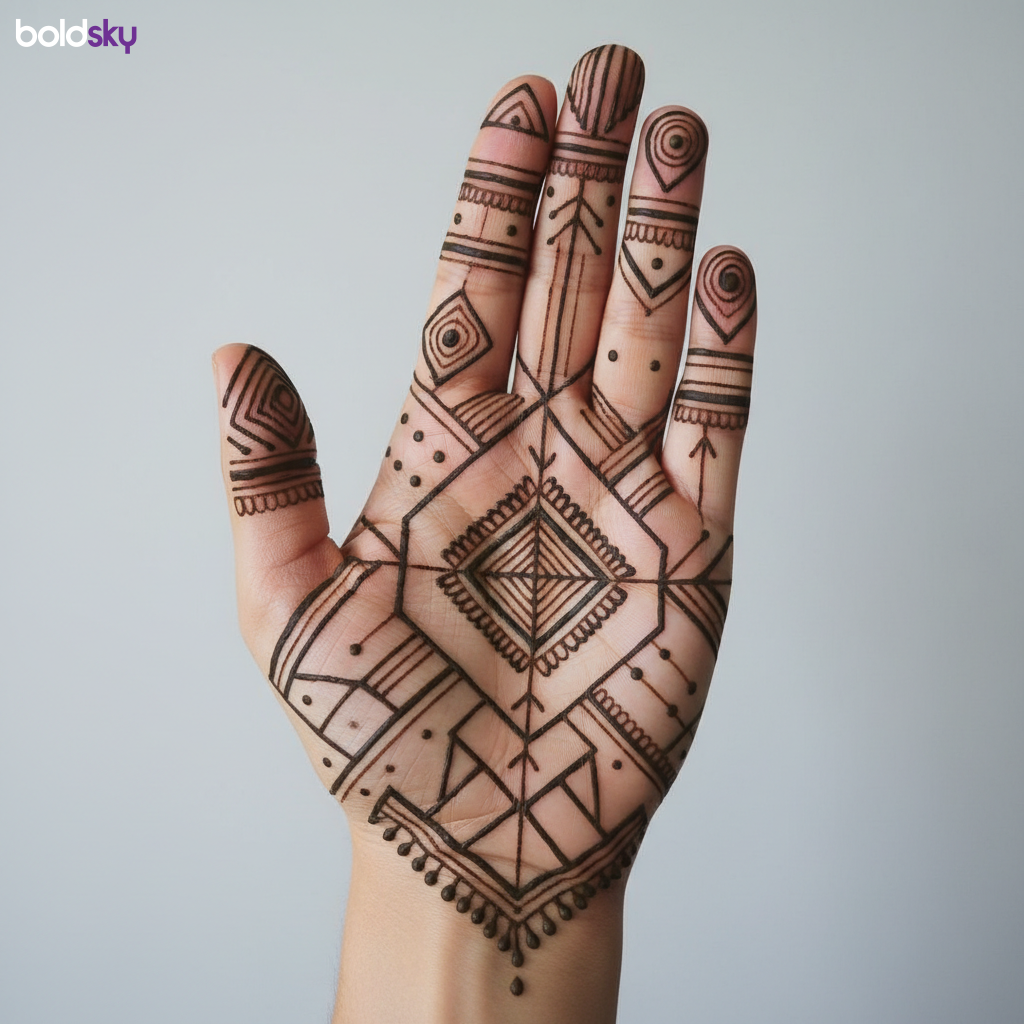 Left hand full palm geometric mehndi.