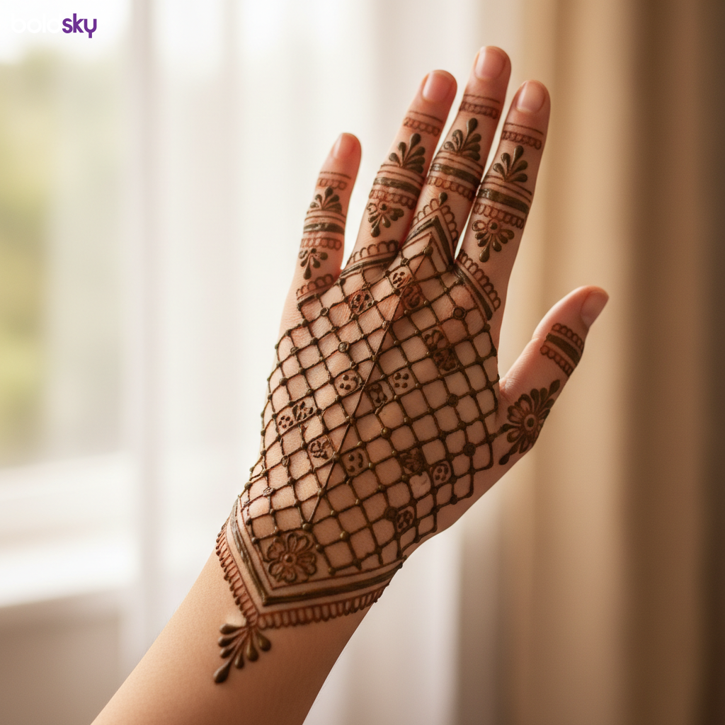 Left back hand intricate jaali floral mehndi