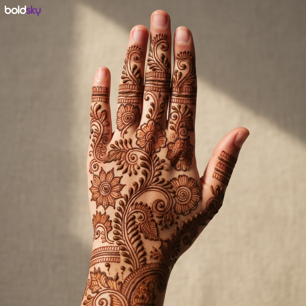Back of left hand floral vine mehndi