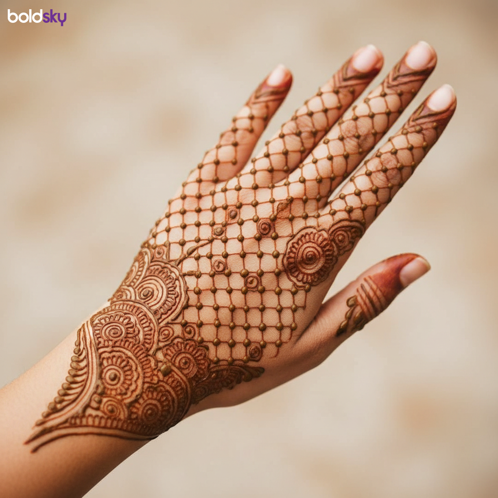 Left back hand paisley net mehndi