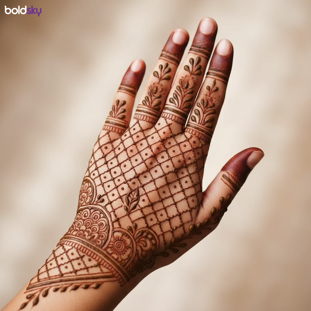 Left back hand intricate jaali floral mehndi