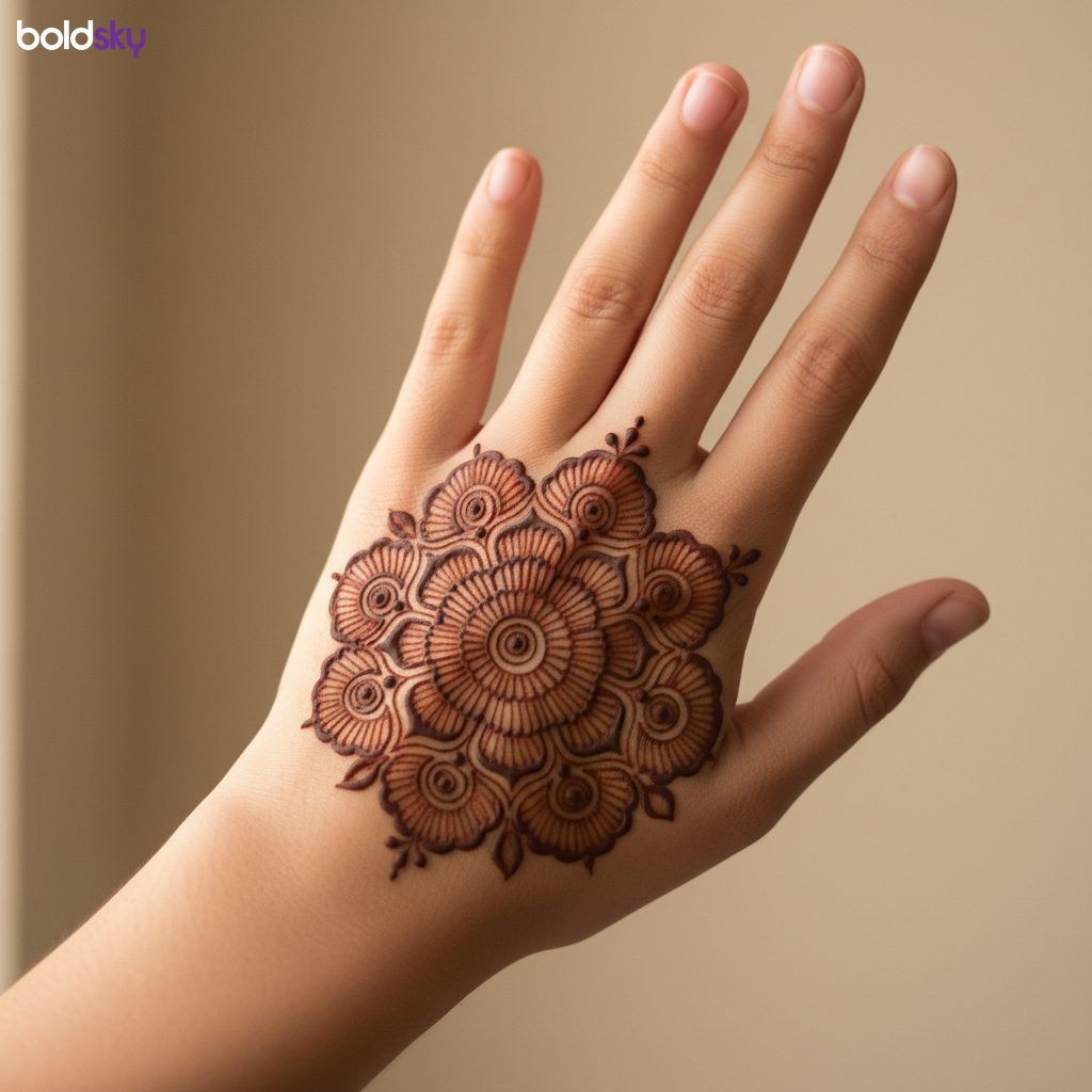 Left back hand floral mandala mehndi.