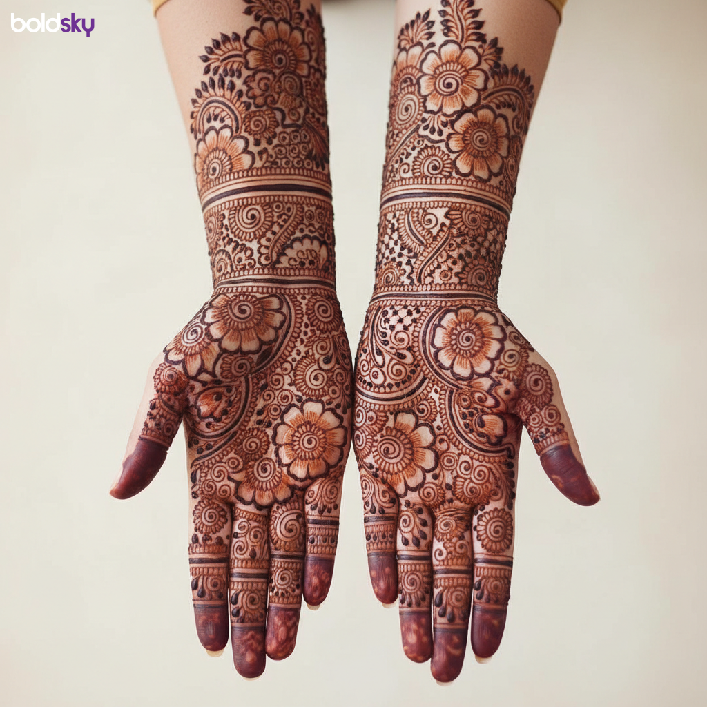 Both palms dense bridal floral mehndi.