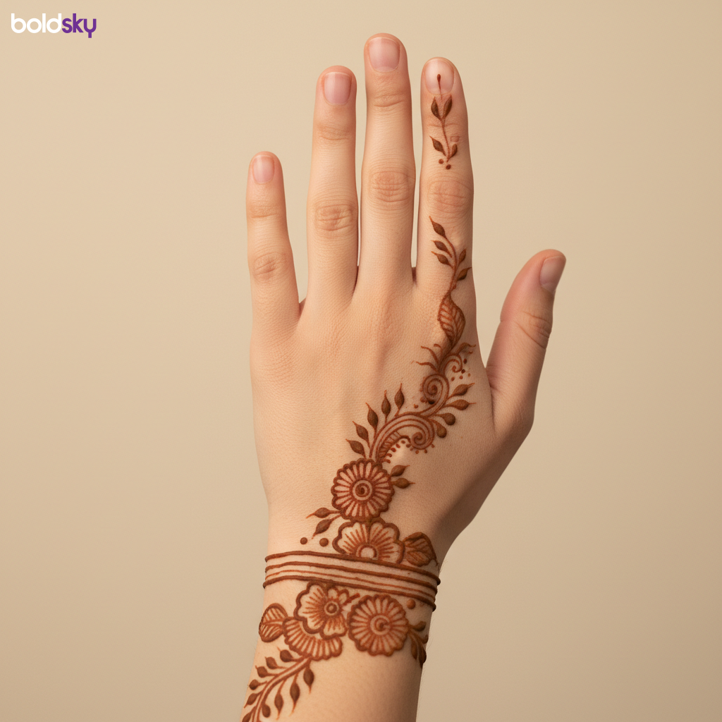 Left back hand minimalist floral mehndi bands.