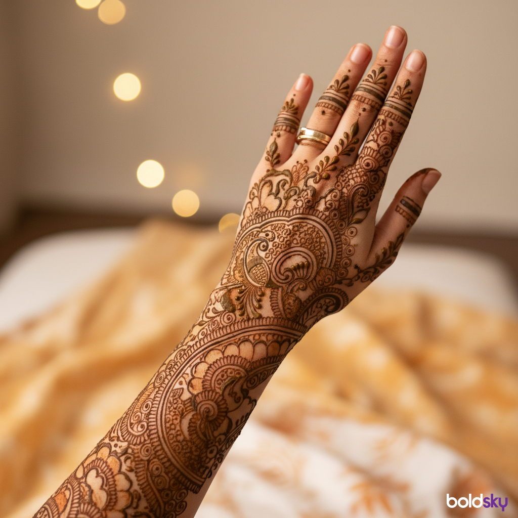 Left back hand modern jaali mehndi.