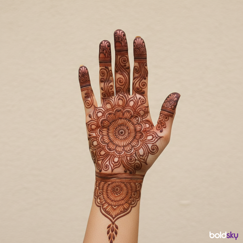 Right palm symmetrical mandala mehndi.