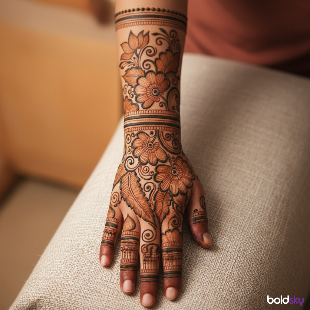 Right back hand bold floral mehndi.