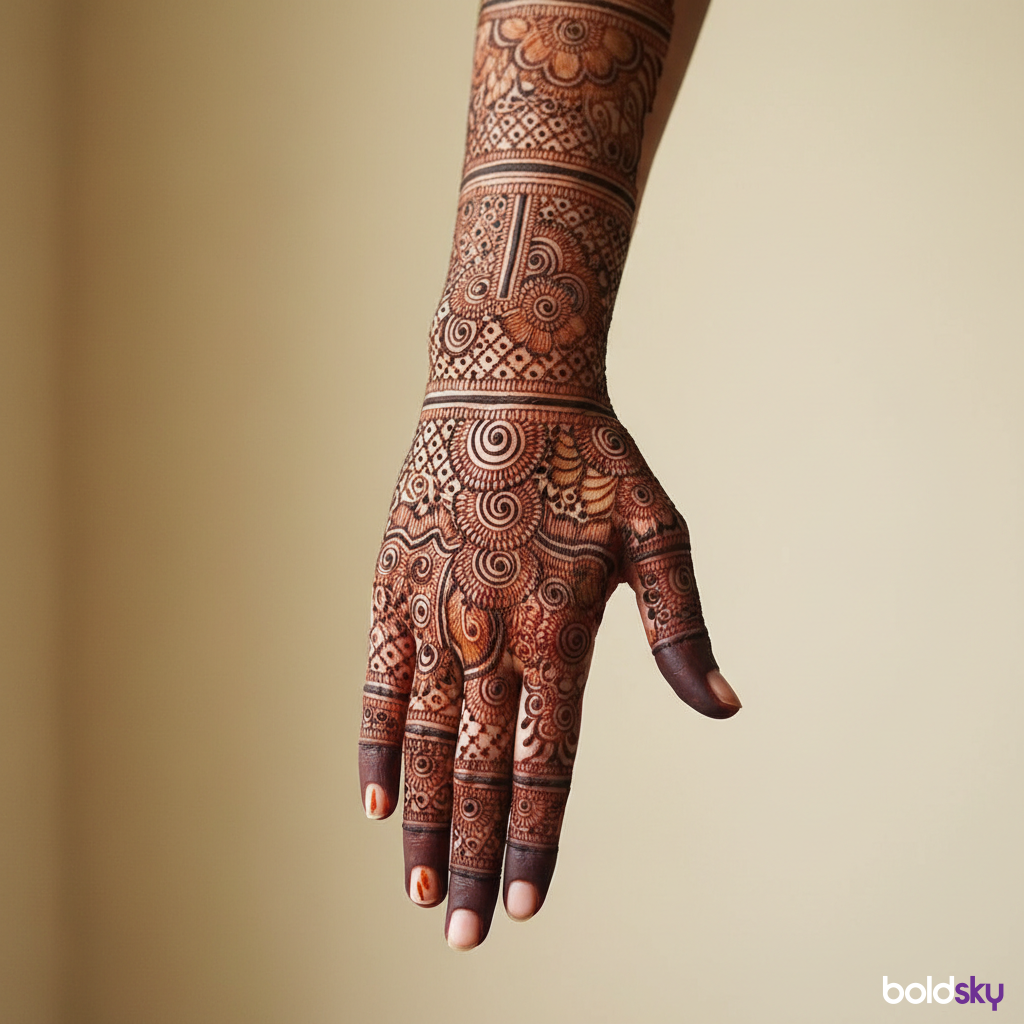 Right back hand intricate bridal mehndi design.
