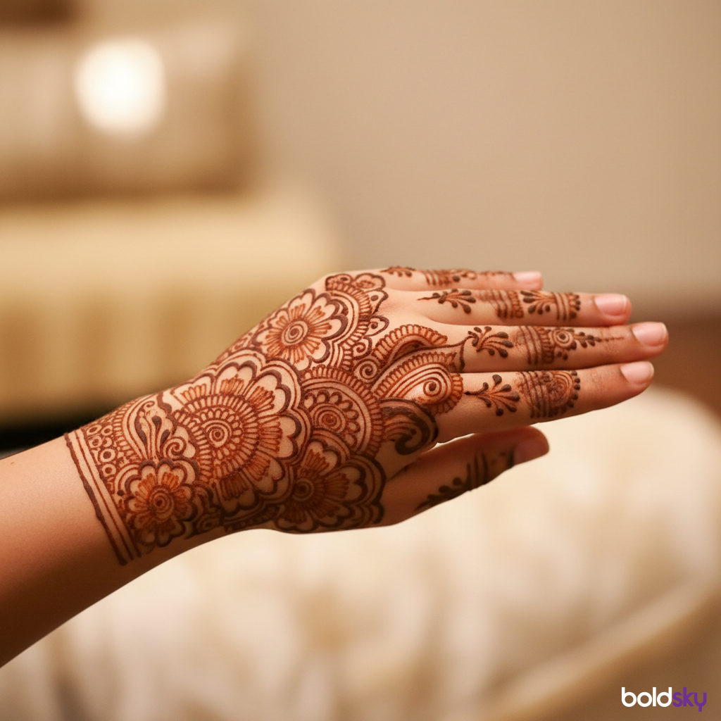 Back of left hand elegant floral mehndi.