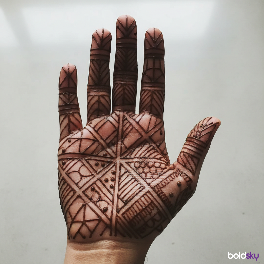 Right palm hand modern geometric mehndi.